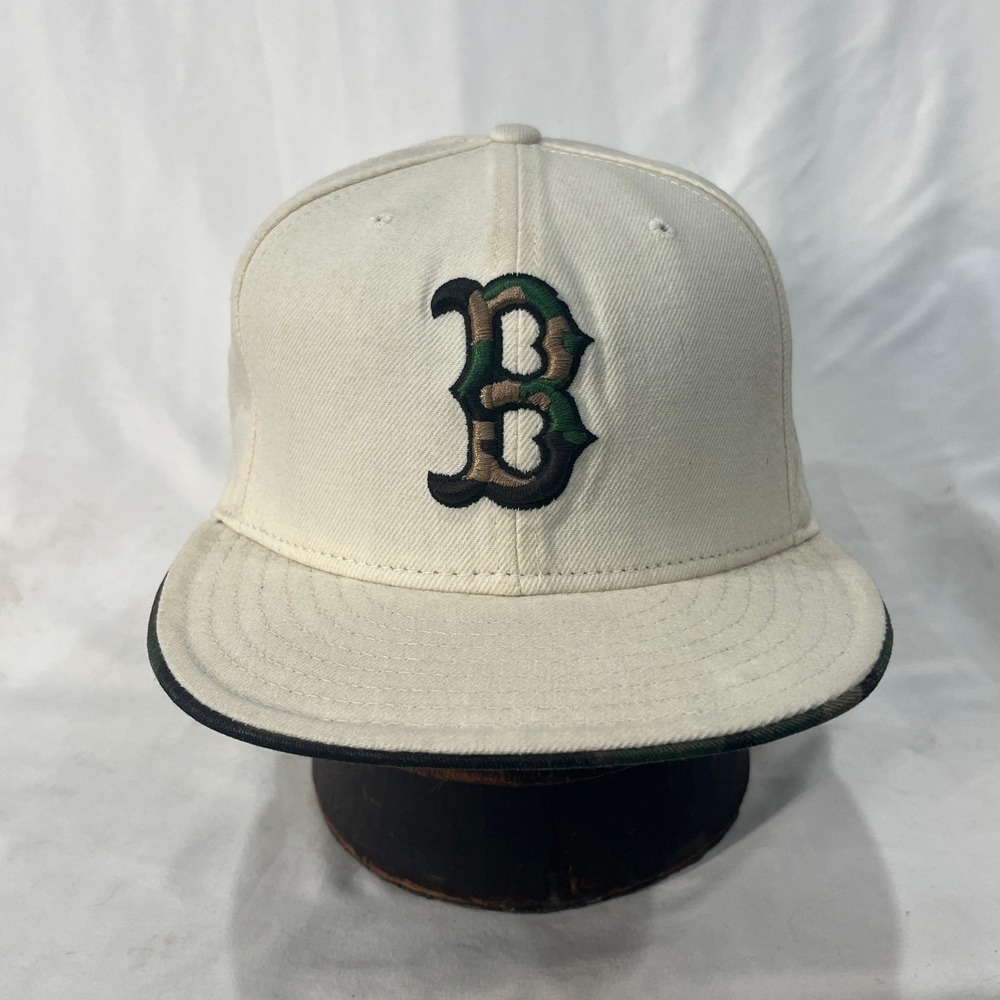 New Era Boston Red Sox Baseball Cap Cream Camo B Logo Fitted Size 7 5/8
